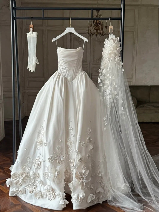 Fairy A-line Long Wedding Dresses Satin White Bridal Gowns Sleevless Strapless Bridal Dresses ED06015