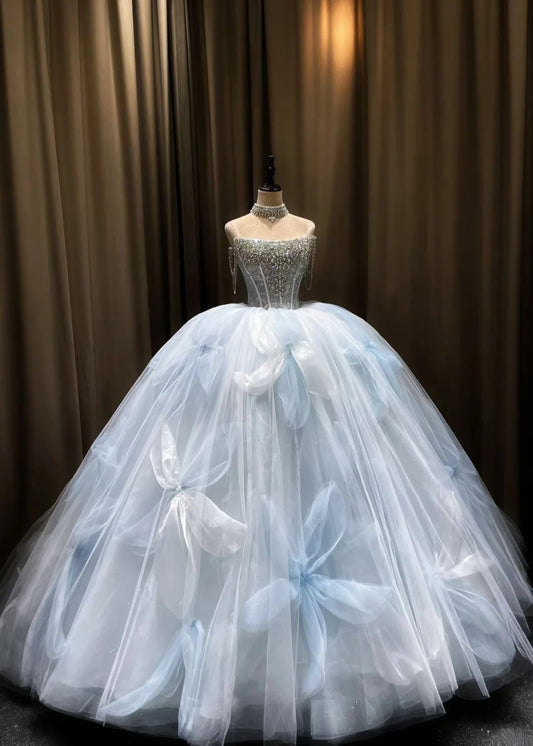 Fairy A-line Long Wedding  Dresses Tulle Ice Blue Bridal Gowns Sleeveless Strapless  Bridal Dresses ED06017