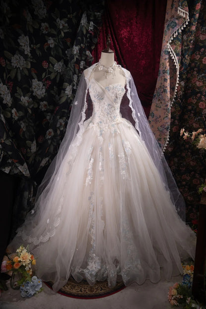 Fairy A-line Long Wedding  Dresses Tulle Appliques White  Bridal Gowns Sleeveless   Sweetheart Bridal Dresses ED06018
