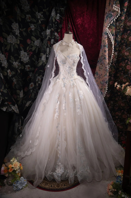 Fairy A-line Long Wedding  Dresses Tulle Appliques White  Bridal Gowns Sleeveless   Sweetheart Bridal Dresses ED06018