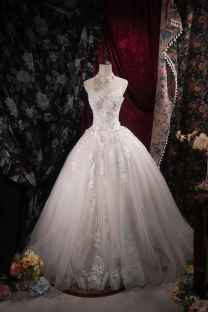 Fairy A-line Long Wedding  Dresses Tulle Appliques White  Bridal Gowns Sleeveless   Sweetheart Bridal Dresses ED06018