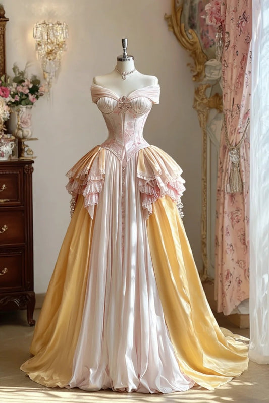 Fairy A-line Long Prom Dresses Silk Yellow/Pink Birthday Dresses Off-shoulder Sweet 16 Dresses ED06019