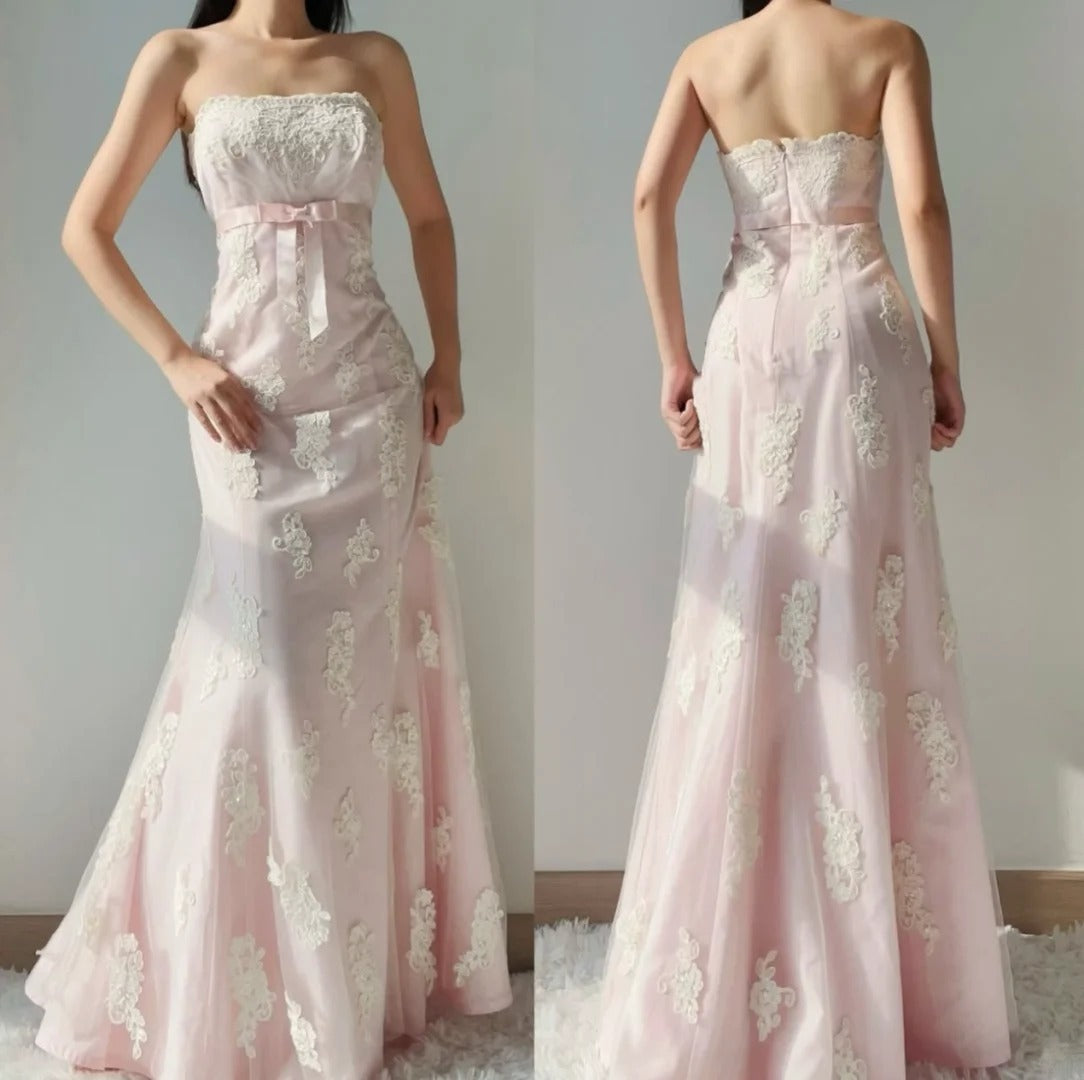 Fairy Mermaid Pink Long Prom Dresses Tulle Strapless Birthday Dresses  ED06020