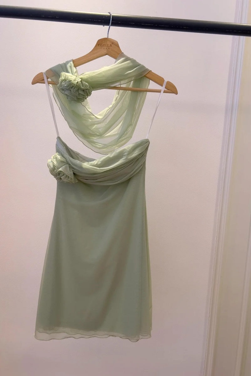 Sexy A-Line Green Short Prom Dresses Chiffon Strapless Birthday Dresses Sleeveless Party Dresses ED06021