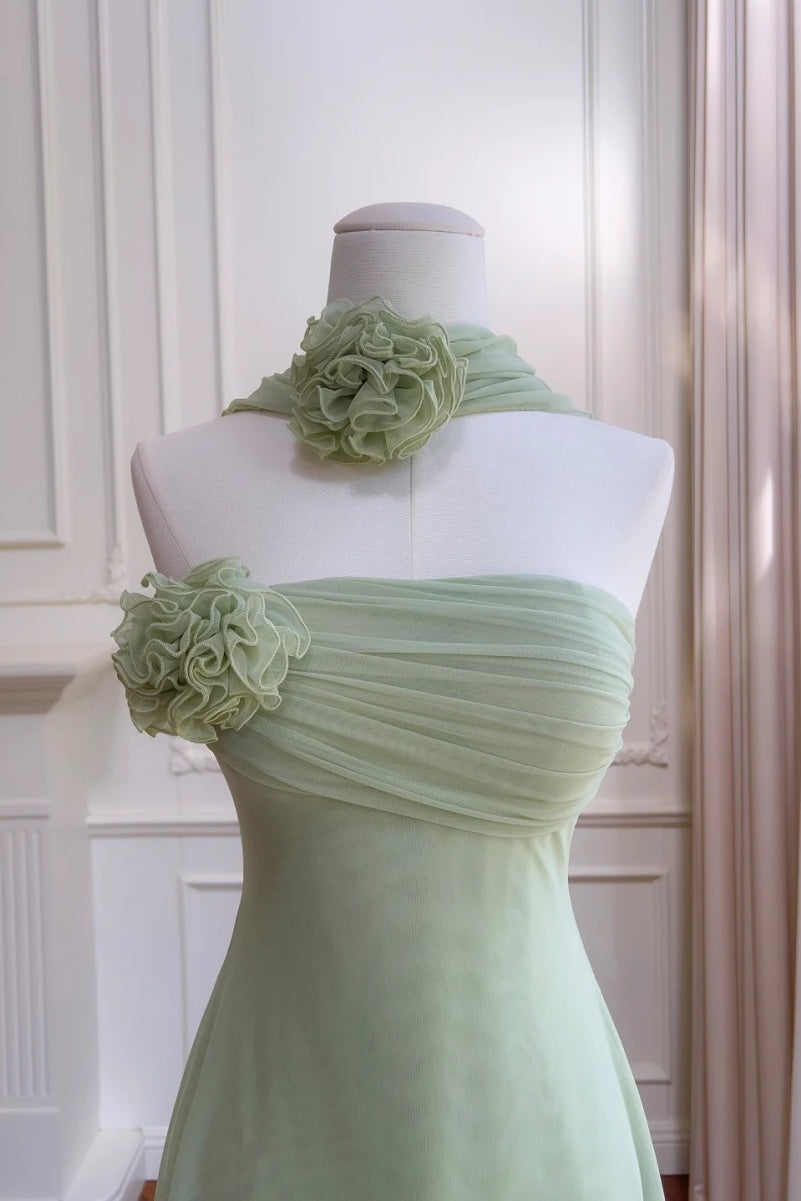 Sexy A-Line Green Short Prom Dresses Chiffon Strapless Birthday Dresses Sleeveless Party Dresses ED06021