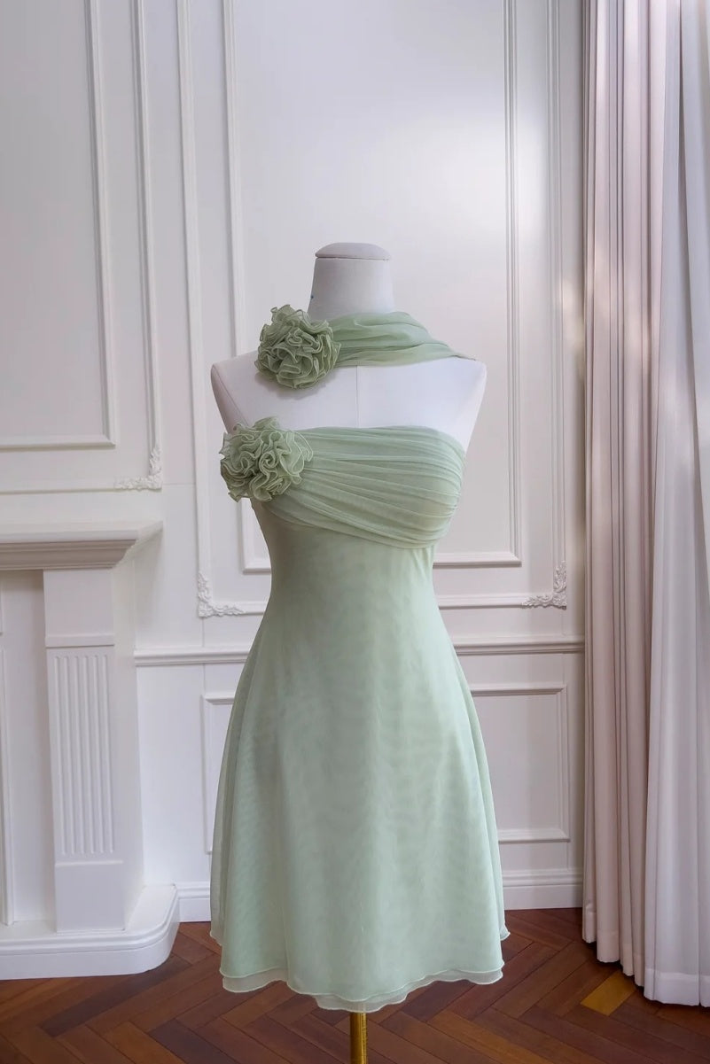 Sexy A-Line Green Short Prom Dresses Chiffon Strapless Birthday Dresses Sleeveless Party Dresses ED06021