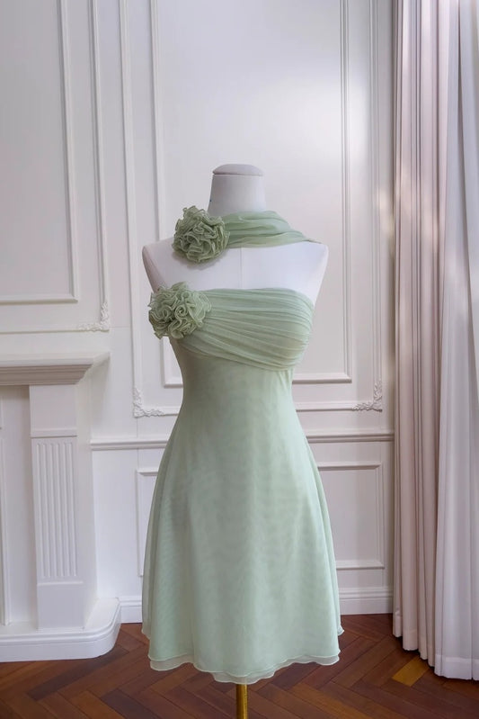 Sexy A-Line Green Short Prom Dresses Chiffon Strapless Birthday Dresses Sleeveless Party Dresses ED06021