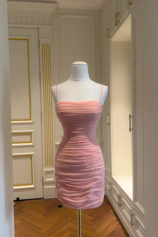 Sexy Bodycon Pink Short Prom Dresses Tulle Spaghetti Straps Birthday Dresses Sleeveless Party Dresses ED06022