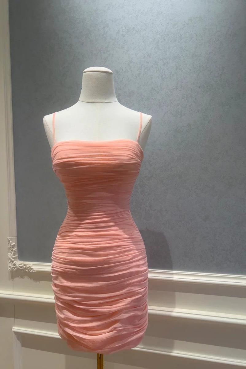 Sexy Bodycon Pink Short Prom Dresses Tulle Spaghetti Straps Birthday Dresses Sleeveless Party Dresses ED06022