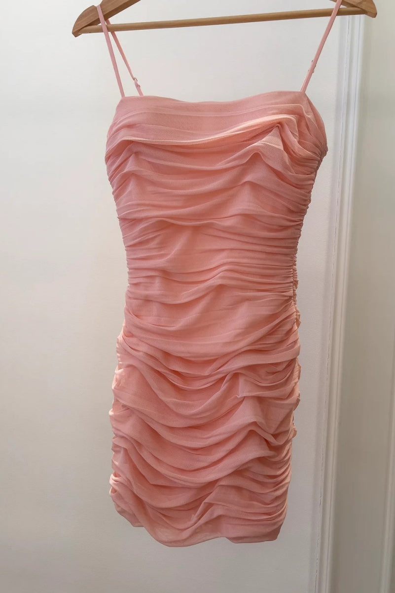 Sexy Bodycon Pink Short Prom Dresses Tulle Spaghetti Straps Birthday Dresses Sleeveless Party Dresses ED06022