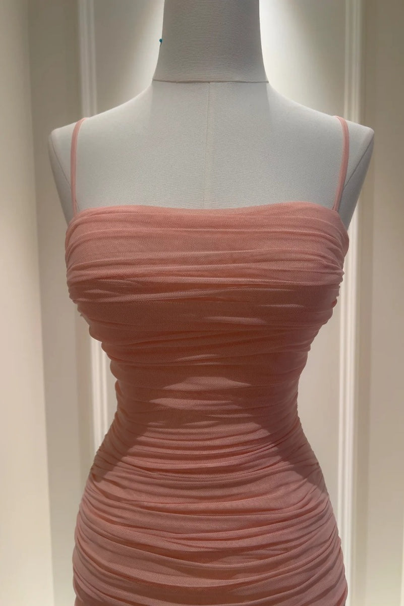 Sexy Bodycon Pink Short Prom Dresses Tulle Spaghetti Straps Birthday Dresses Sleeveless Party Dresses ED06022