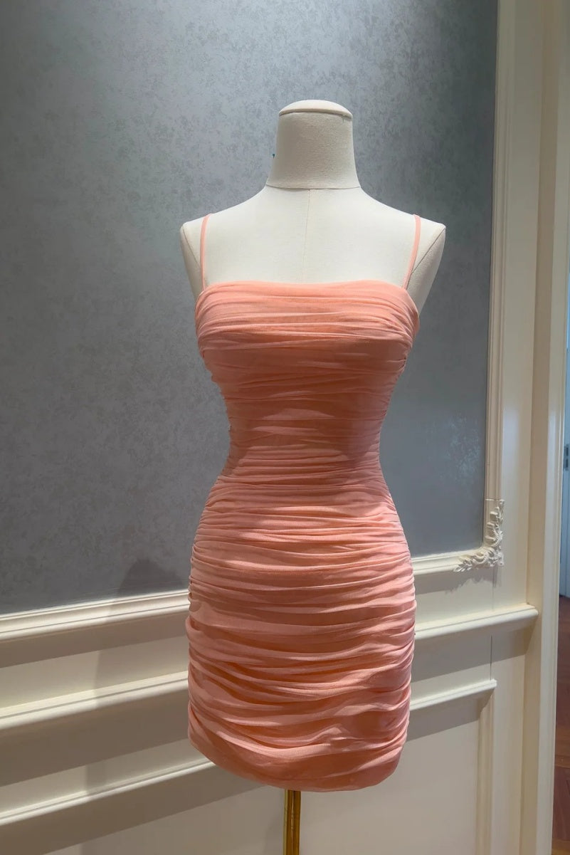 Sexy Bodycon Pink Short Prom Dresses Tulle Spaghetti Straps Birthday Dresses Sleeveless Party Dresses ED06022