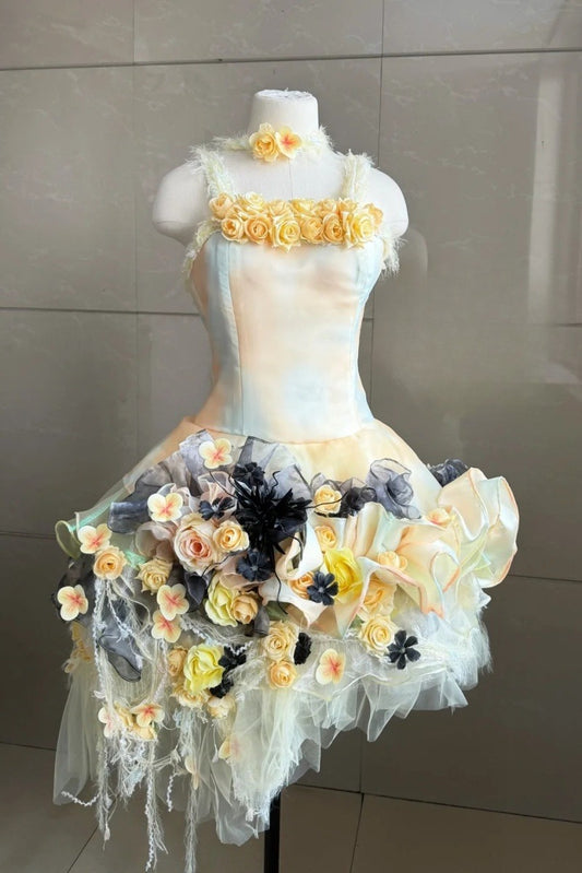 Sexy Sheath Yellow Short Prom Dresses Tulle Spaghetti Straps Birthday Dresses Sleeveless Party Dresses ED06023