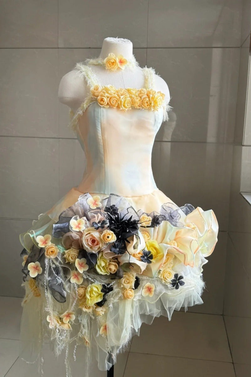 Sexy Sheath Yellow Short Prom Dresses Tulle Spaghetti Straps Birthday Dresses Sleeveless Party Dresses ED06023