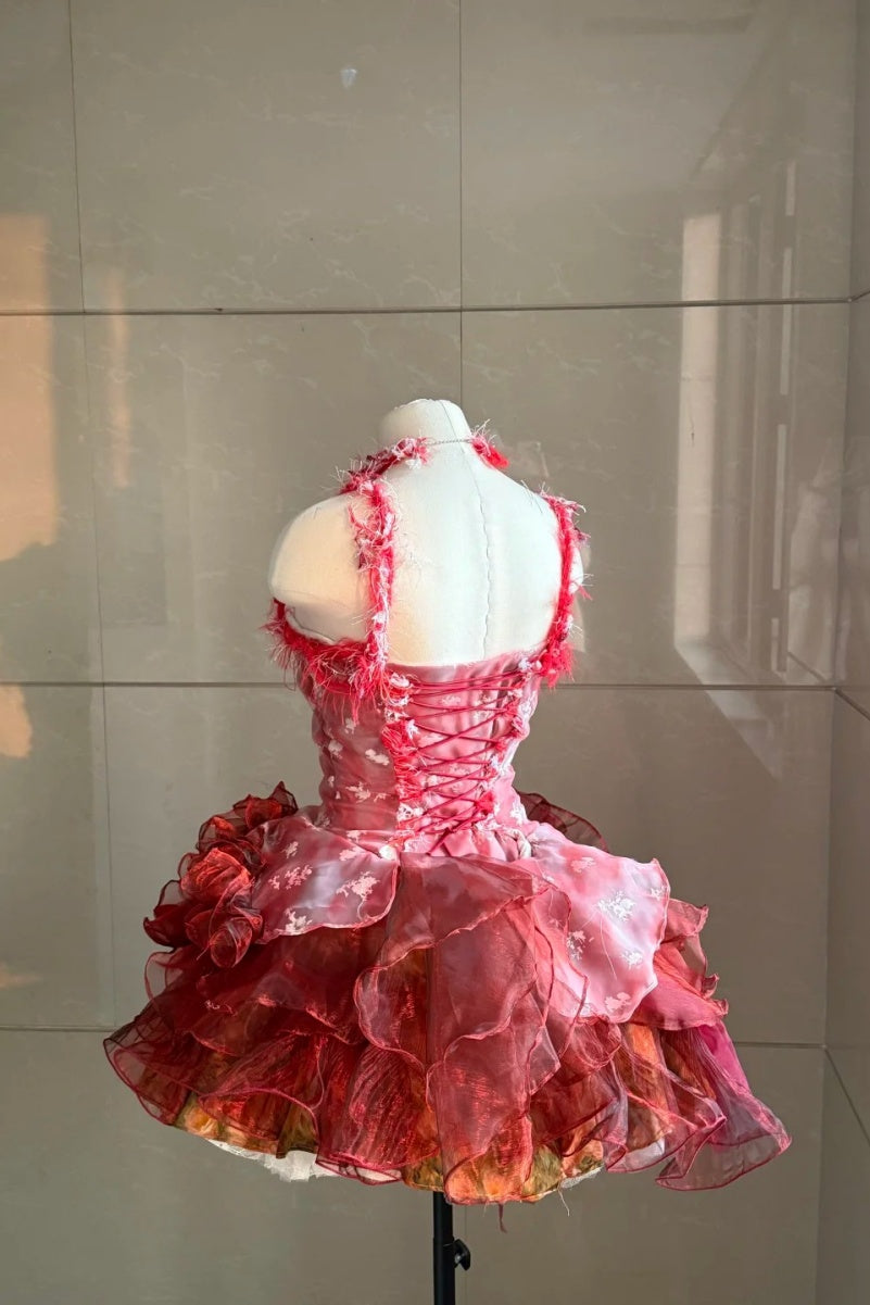 Sexy Sheath Coral Short Prom Dresses Tulle Spaghetti Straps Birthday Dresses Sleeveless Party Dresses ED06024