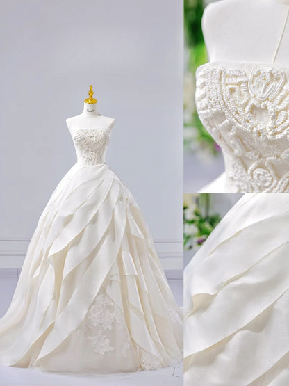Simple A-Line White Long Wedding Dresses Satin Strapless Bridal Gowns Sleeveless Bridal Dresses ED06025