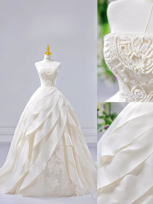 Simple A-Line White Long Wedding Dresses Satin Strapless Bridal Gowns Sleeveless Bridal Dresses ED06025