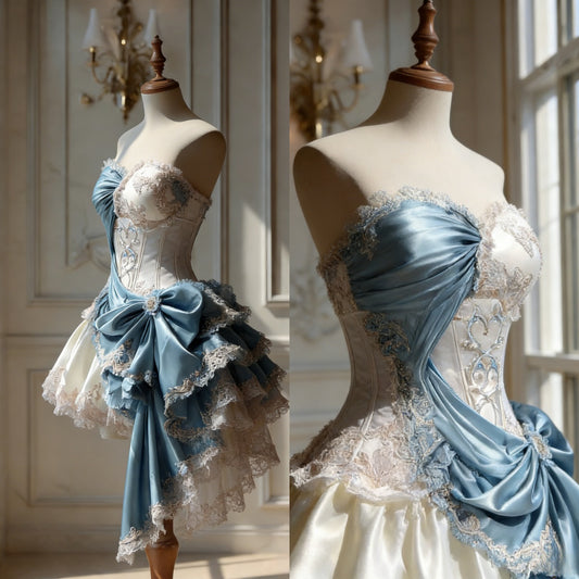 Gorgeous A-Line Blue Short Prom Dresses Satin Lace Sweetheart Birthday Dresses Sleeveless Evening Dresses ED06027