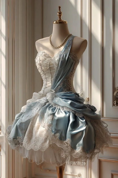 Gorgeous  A-Line Blue Short Prom Dresses Satin Lace One-shoulder Birthday Dresses Sleeveless Evening Dresses ED06028