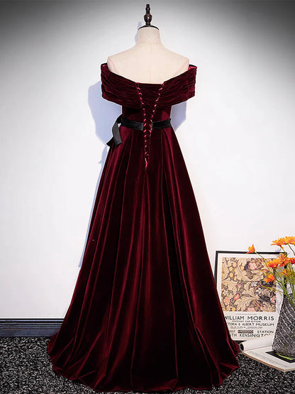A-Line Off Shoulder Velvet Burgundy Long Prom Dress, Burgundy Long Formal Dress ED0603