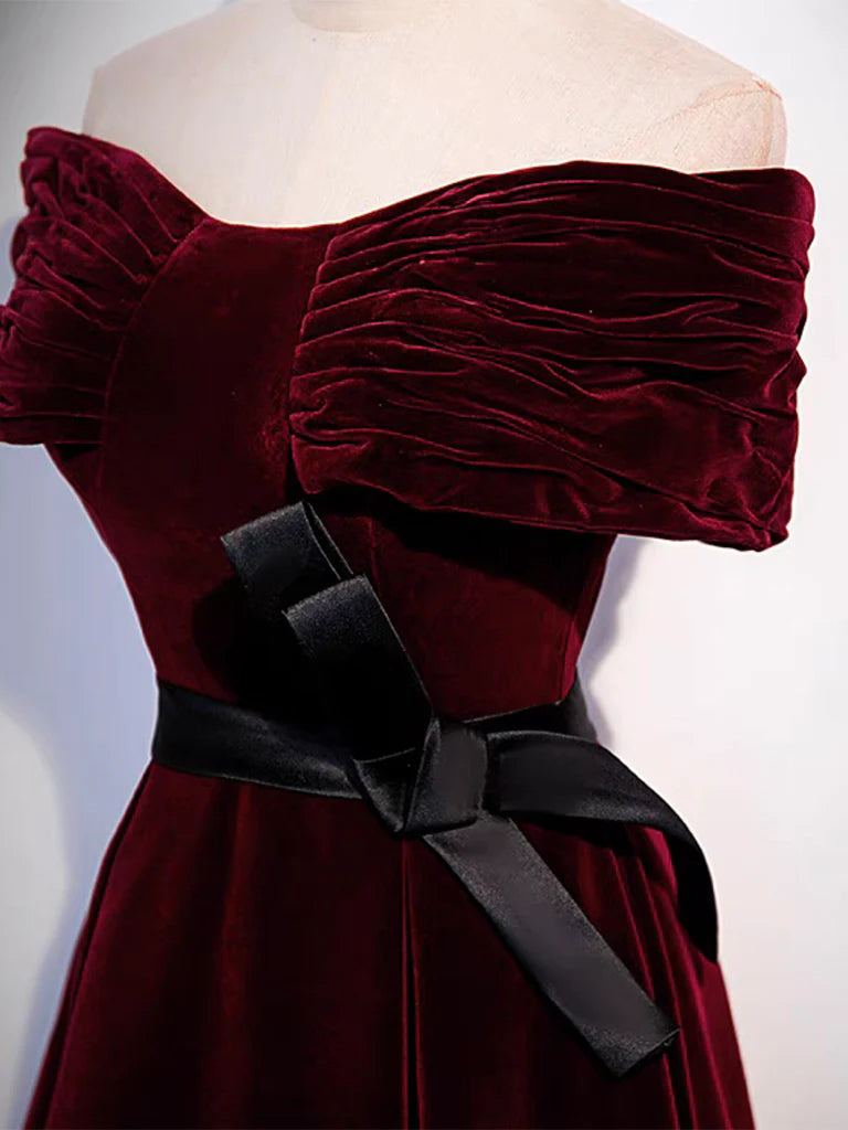 A-Line Off Shoulder Velvet Burgundy Long Prom Dress, Burgundy Long Formal Dress ED0603