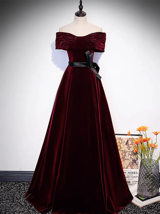 A-Line Off Shoulder Velvet Burgundy Long Prom Dress, Burgundy Long Formal Dress ED0603