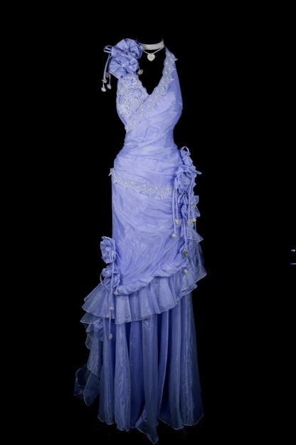 Elegant Sheath Purple Wedding Guest Dresses Tulle V-neck Sleevless Long Evening Dresses ED06030