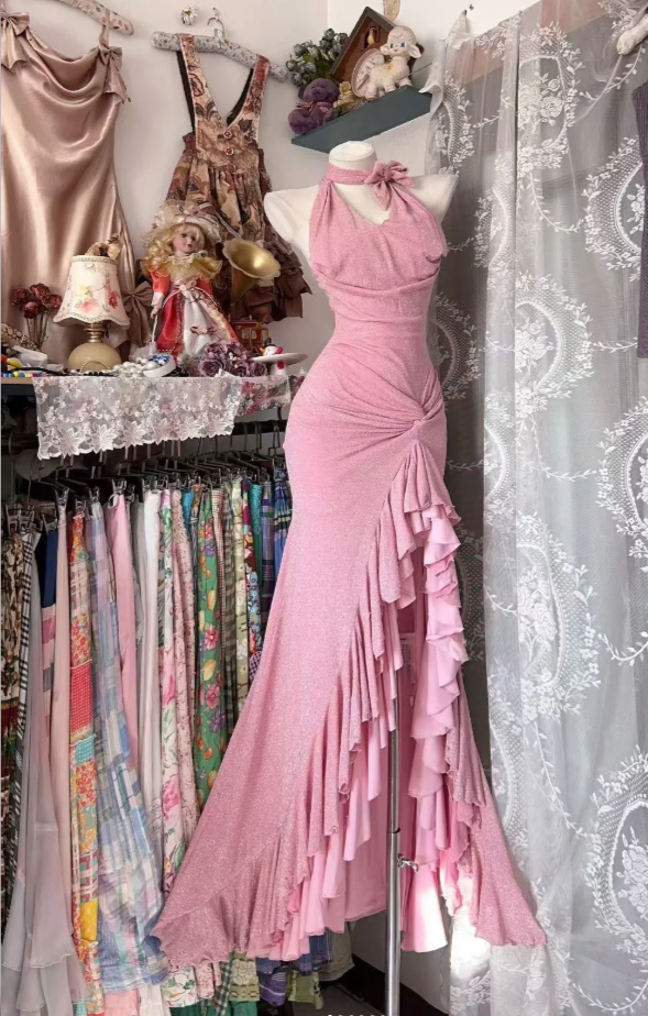 Elegant Sheath Pink Long Prom Dresses Chiffon Sheath Sleeveless Evening Dresses ED06032