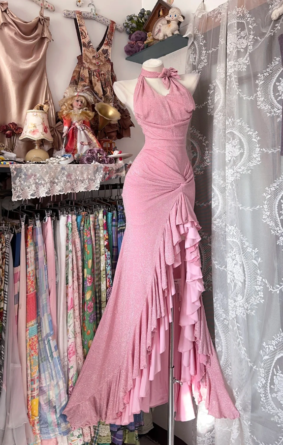 Elegant Sheath Pink Long Prom Dresses Chiffon Sheath Sleeveless Evening Dresses ED06032