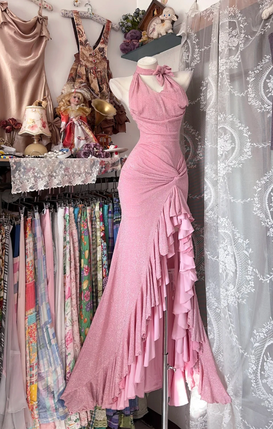 Elegant Sheath Pink Long Prom Dresses Chiffon Sheath Sleeveless Evening Dresses ED06032