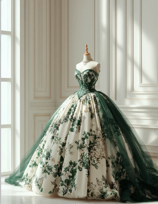 Elegant A-Line Green Long Prom Dresses Tulle Floral Strapless Sleeveless Evening Dresses ED06033