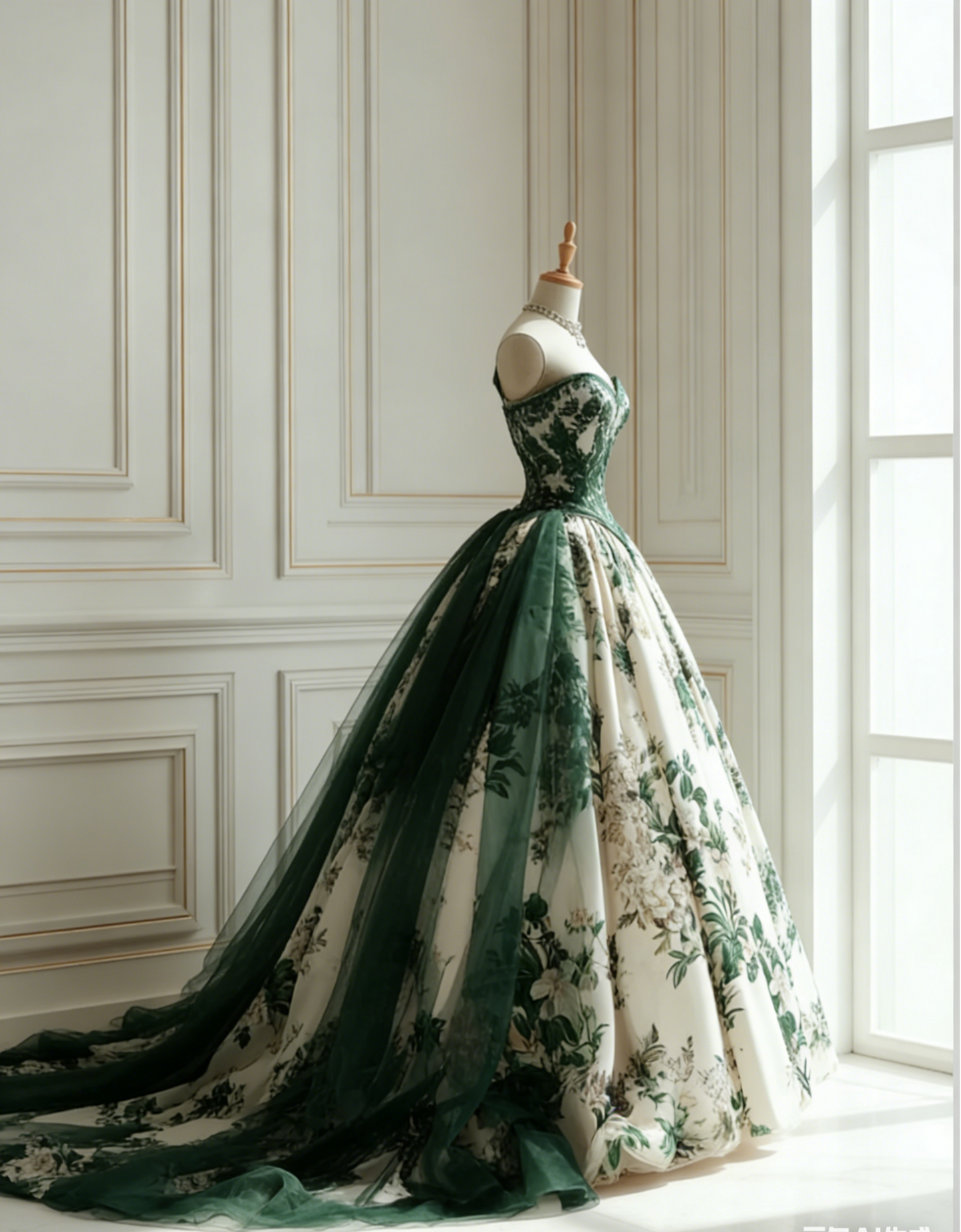 Elegant A-Line Green Long Prom Dresses Tulle Floral Strapless Sleeveless Evening Dresses ED06033