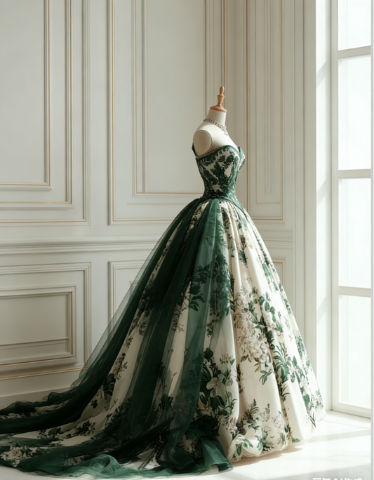 Elegant A-Line Green Long Prom Dresses Tulle Floral Strapless Sleeveless Evening Dresses ED06033