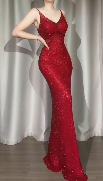Elegant Sheath Burgundy Long Prom Dresses Beaded Chiffon V-neck Sleeveless Evening Dresses ED06034