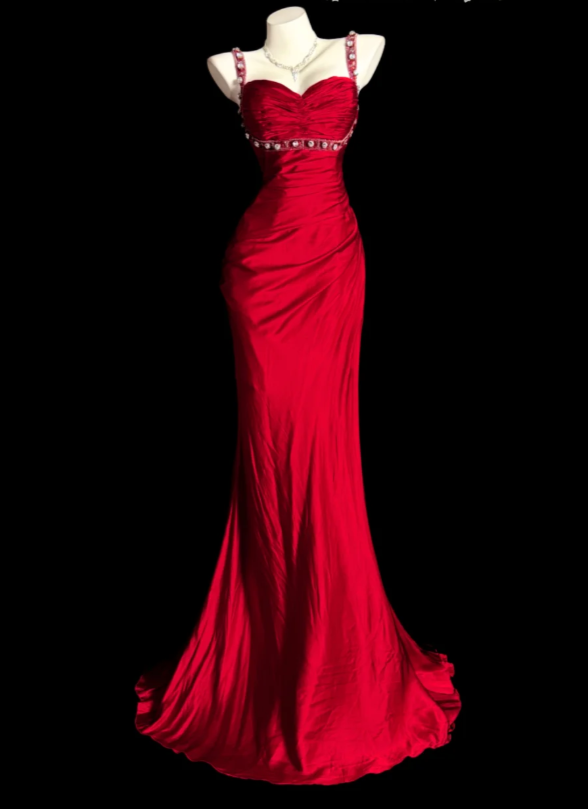 Elegant Sheath Burgundy Long Prom Dresses Satin Spaghetti Straps Evening Dresses Backless Formal Dresses ED06036