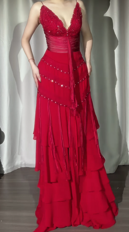 Elegant Sheath Burgundy Long Prom Dresses Chiffon Spaghetti Straps Evening Dresses  ED06037