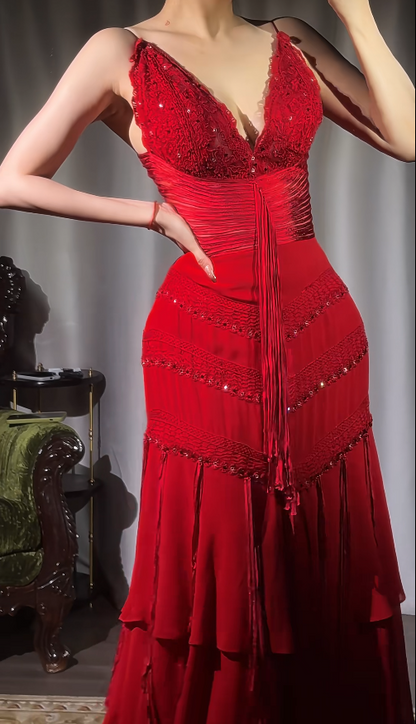 Elegant Sheath Burgundy Long Prom Dresses Chiffon Spaghetti Straps Evening Dresses  ED06037