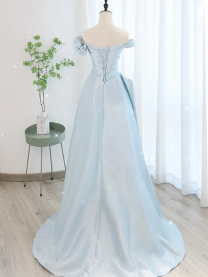 A-Linie Langes Ballkleid aus blauem Satintüll, Lange Abendkleider aus blauem Tüll ED0604