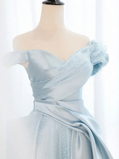 A-Linie Langes Ballkleid aus blauem Satintüll, Lange Abendkleider aus blauem Tüll ED0604