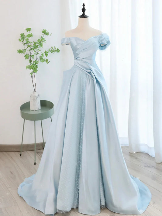 Robe de bal longue en satin et tulle bleu coupe trapèze, robe de soirée longue en tulle bleu ED0604