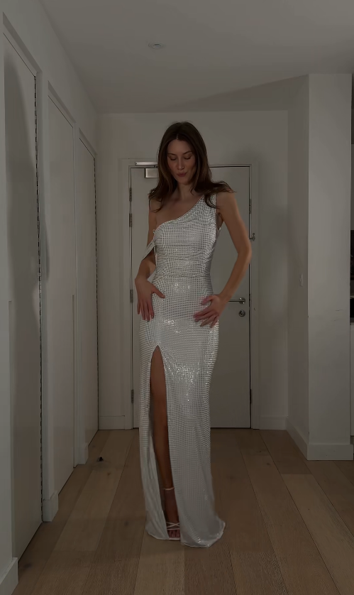 Elegant Sheath White Long Prom Dresses Chiffon Diamonds One-shoulder Evening Dresses  ED06039