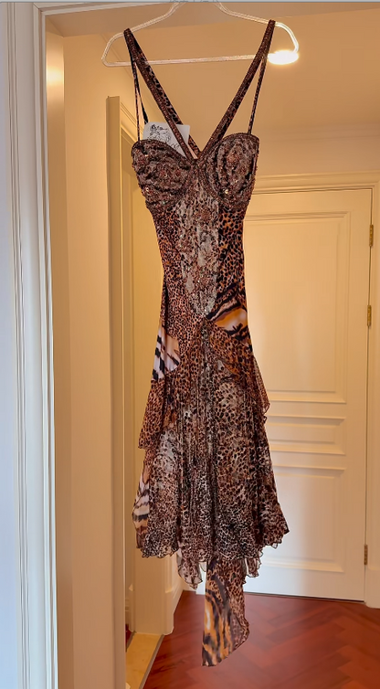 Vintage Sheath Leopard Short Prom Dresses Chiffon Beaded Spaghetti Straps Evening Dresses  ED06041