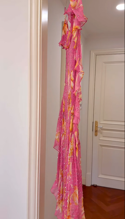 Vintage Sheath Pink Short Prom Dresses  Chiffon Beaded Straps Evening Dresses  ED06042