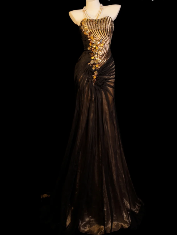 Vintage Sheath Black Long Prom Dresses Satin Beaded Strapless Evening Dresses   ED06043