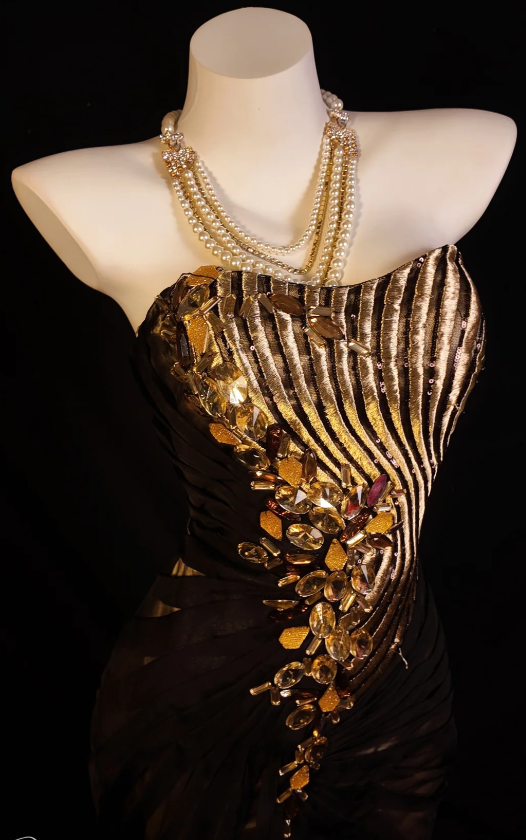 Vintage Sheath Black Long Prom Dresses Satin Beaded Strapless Evening Dresses   ED06043