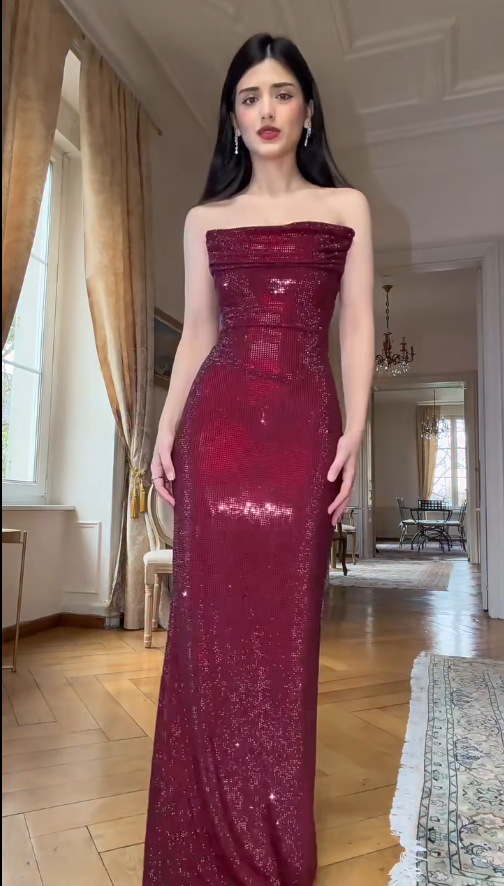Sexy Sheath Burgundy Long Prom Dresses Tulle Strapless Evening Dresses  ED06044