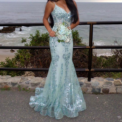 Sexy Mermaid Blue Long Prom Dresses Tulle Sequins Spaghetti Straps Evening Dresses  ED06046