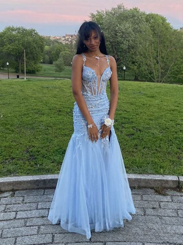 Sexy Mermaid Blue Long Prom Dresses Tulle Sequins Spaghetti Straps Evening Dresses ED06047