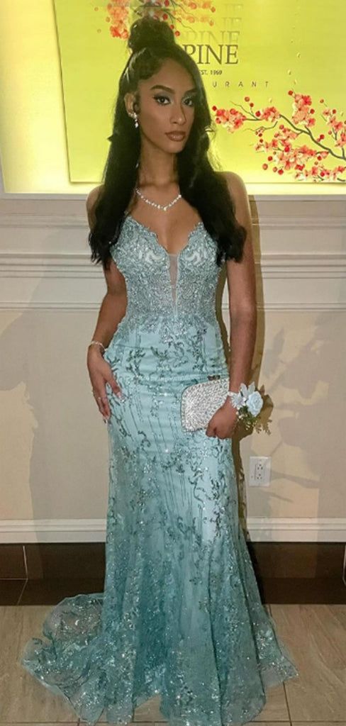 Sexy Mermaid Green Long Prom Dresses Tulle Sequins Spaghetti Straps Evening Dresses  ED06048