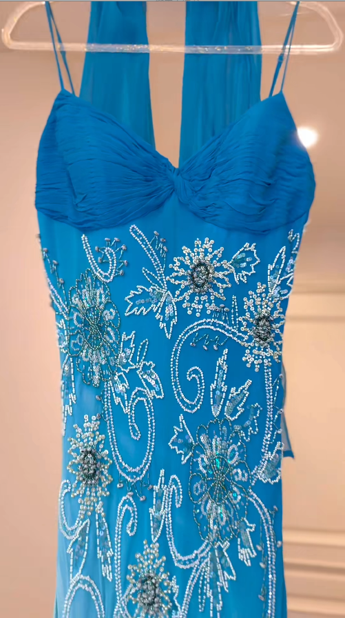 Vintage Blue Beadings Long Prom Dresses Chiffon Sheath Spaghetti Straps Evening Dresses  Sleeveless Party Dresses  ED06050